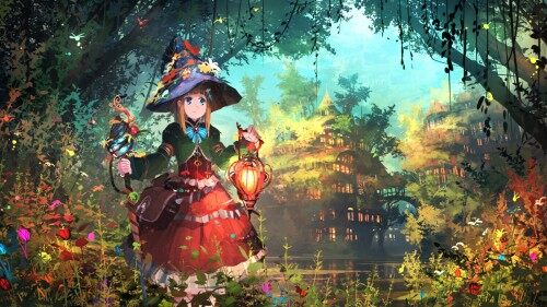 Konachan.com---200381-blue-eyes-bow-brown-hair-building-dress-flowers-hat-jumpei99-leaves-long-hair-mage-original-scenic-staff-tree-water-witch-hat4102b8399c0c828aed645bb6f44bd486.jpg