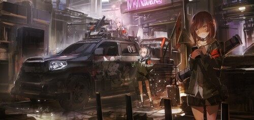 Konachan.com 200587 blonde hair boots brown eyes brown hair building combat vehicle gray hair gun or