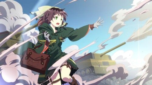 Konachan.com 200634 boots brown hair chibiibiru combat vehicle gloves green eyes military phone shor