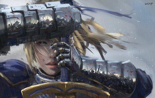 Konachan.com 200649 armor blonde hair blood blue eyes fate stay night rain realistic saber signed sw