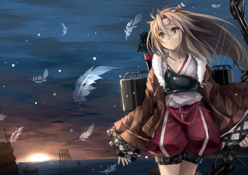 Konachan.com---200650-brown-eyes-brown-hair-feathers-hakumare-headband-kantai-collection-long-hair-sky-sunset-water-zuihou-kancolleb586d39f80ced6ab34187f92d48daa42.jpg