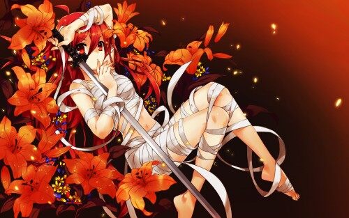 Konachan.com 200674 bandage flowers katana long hair navel nude orange red eyes red hair shakugan no