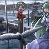 Konachan.com---200679-animal-bird-building-clouds-dress-green-hair-hat-kochiya-sanae-landscape-long-hair-miko-moriya-suwako-ribbons-ryosios-scenic-shrine-skirt-touhou-waterac51f9ba31716de08c801bd49c97