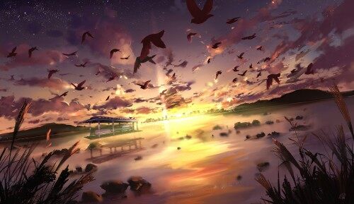 Konachan.com 200822 animal bird clouds landscape mikan 121 nobody original scenic sky sunset watere2