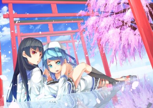 Konachan.com 200834 2girls aqua eyes aqua hair black hair blush breasts cleavage clouds hat long hai