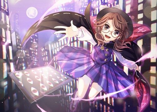 Konachan.com---200936-brown-eyes-brown-hair-cape-city-dress-glasses-hat-long-hair-moon-night-touhou-usami-sumirekoe4931b8c24481126f0b24e7d8709f177.jpg