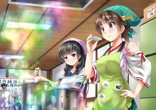 Konachan.com 201095 admiral (kancolle) apron arai harumaki food hat hiei (kancolle) isokaze (kancoll