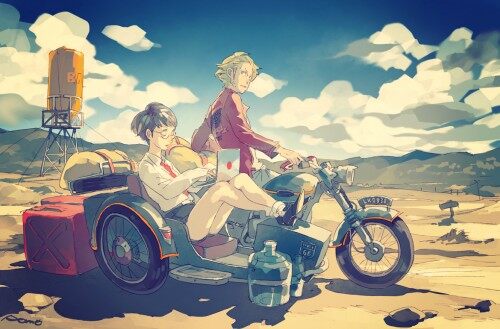 Konachan.com 201129 blonde hair brown hair computer desert glasses male motorcycle original risa hib