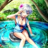 Konachan.com---201136-animal-barefoot-bikini-blue-eyes-choker-fish-flowers-grass-gray-hair-leaves-necklace-scenic-short-hair-swimsuit-tree-water-wet-wink-wristweard177284b8029408965ef2e5b9ec97340