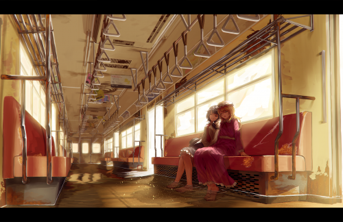 Konachan.com 201146 2girls berabou hat maribel han scenic skirt sleeping touhou train usami renko wa