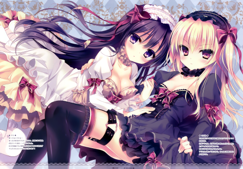 Konachan.com 201148 2girls black hair blonde hair blush breasts cleavage dress goth loli long hair o