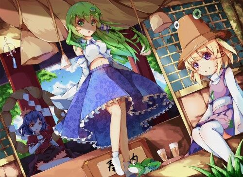 Konachan.com 201218 animal blonde hair dango remi drink frog green eyes green hair hat kochiya sanae