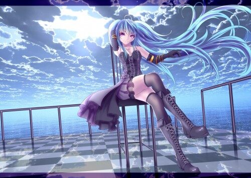 Konachan.com 201407 blue hair boots clouds corset flowers goth loli hatsune miku long hair purple ey