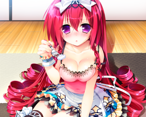 Konachan.com 201410 blush bow breasts cleavage food game cg headdress lass long hair mizunomiya nana