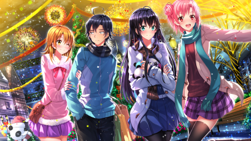 Konachan.com 201416 aqua eyes black hair christmas city fireworks group long hair male night panda p