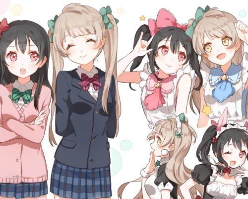Konachan.com---200768-2girls-black-hair-bow-gray-hair-headdress-long-hair-maid-minami-kotori-pink-eyes-seifuku-signed-twintails-white-wink-wristwear-yazawa-nico-yellow-eyes98e687e65987f9695982508435a0.jpg