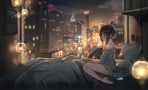 女子 起床 晚上 都市 夜景 4k动漫壁纸 彼岸图网